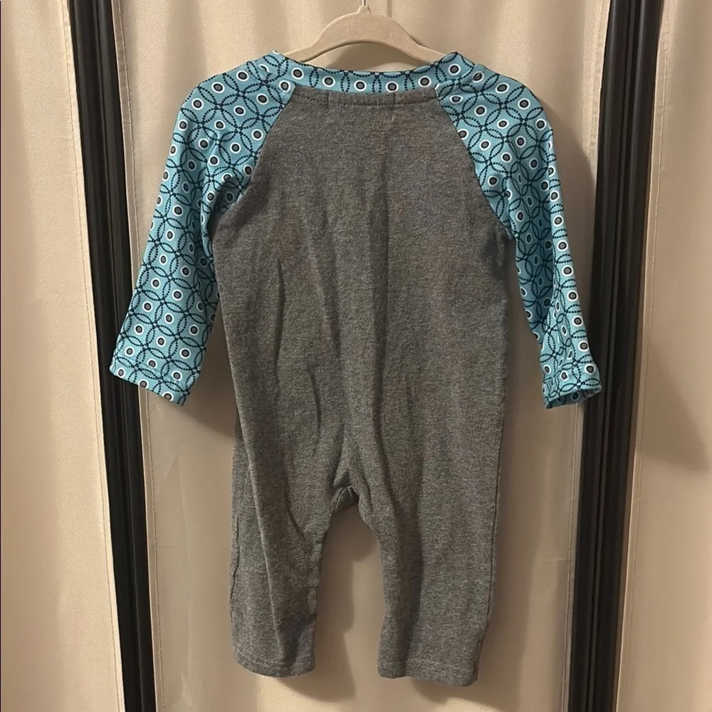 Marie Nicole Gray Romper with Blue Patterned Sleeves